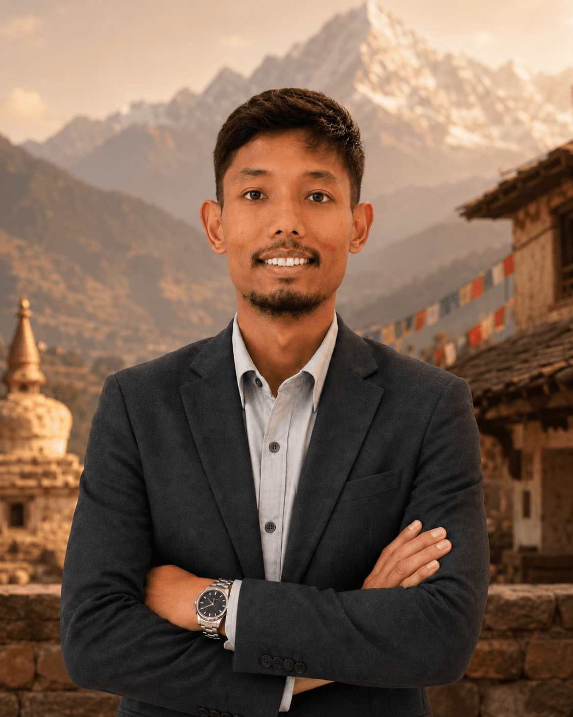 Human Kumal in Nepal, with the Himalayas, a Buddhist stupa, and prayer flags in the background